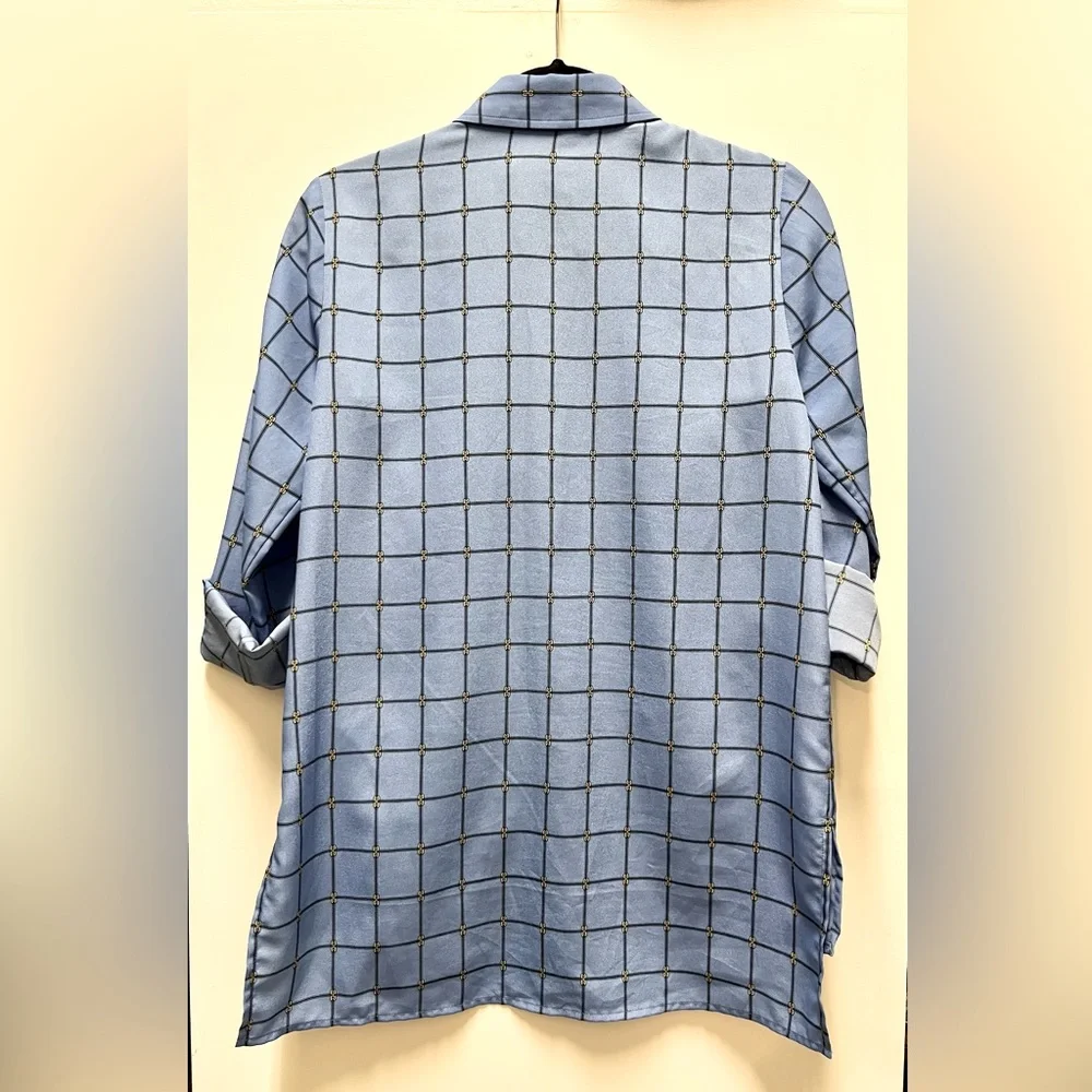 Michael Kors Blue Grid Print Zipper-Down Shirt - Picture 2 of 5